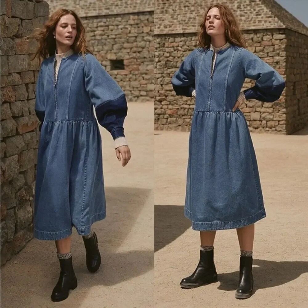 Sea New York Zariyah Patchwork Two-Tone Denim Midi Dress NWT Size 2
